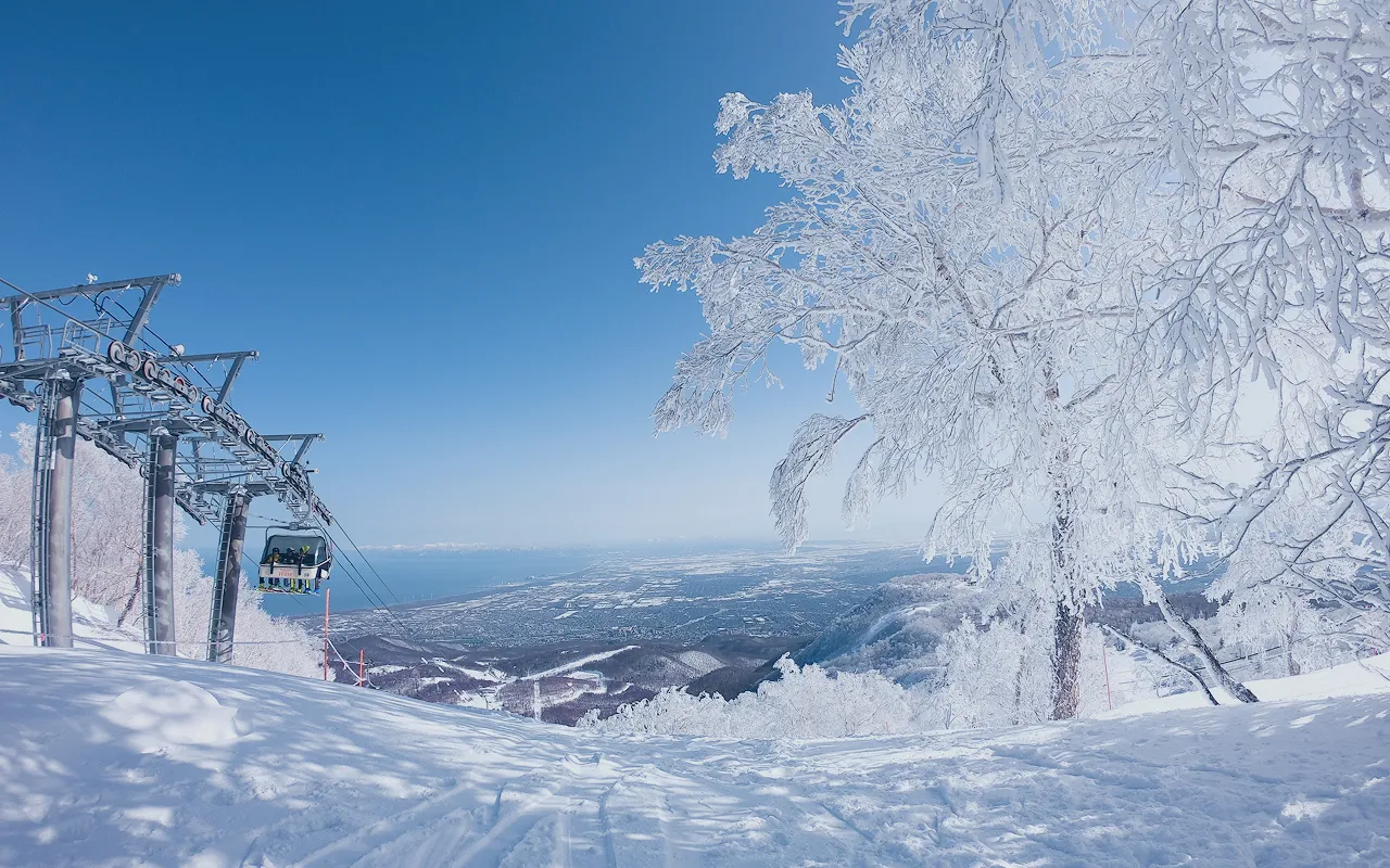 札幌手稻滑雪場纜車、雪樹與遠方城市